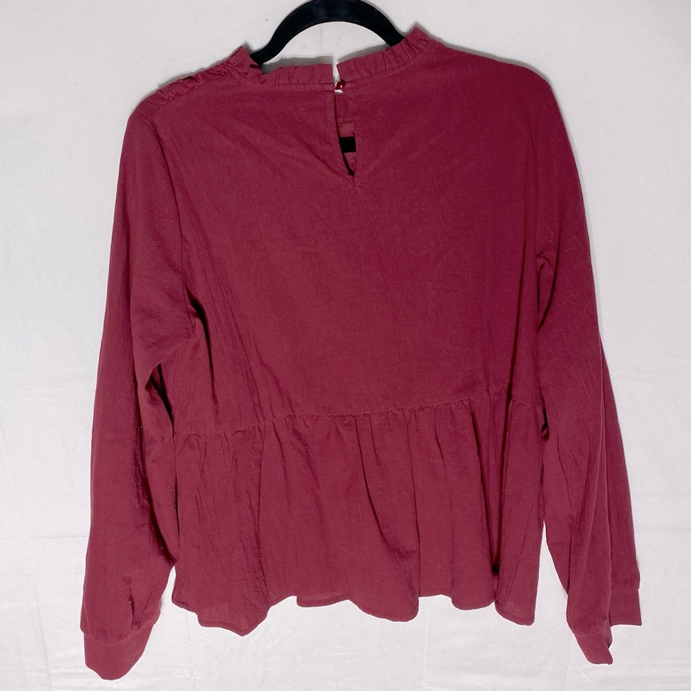 5/$25 Shein Burgundy High Collar Eyelet Ruffle Peplum Blouse L - Picture 14 of 15